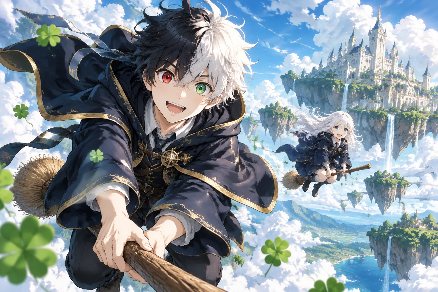 Illustrated mage on a broom over floating islands; Clover Time play guide